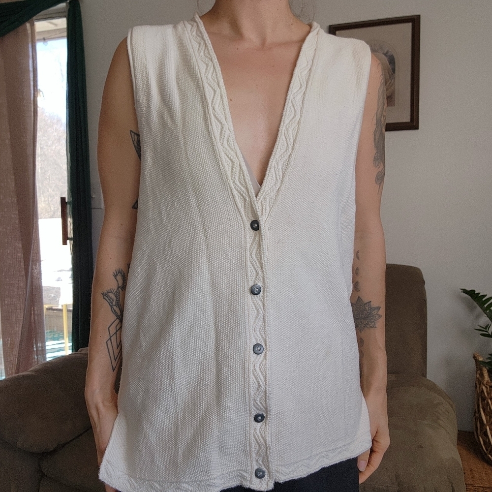 Vintage Cream Knit Embroidered Oversized Button Up Vest Size Small